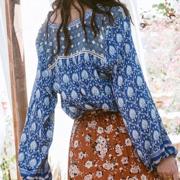 Spell & The Gypsy Collective Designs Indigo ORACLE BLOUSE Blue Boho Tunic Top XS - Picture 6 of 11